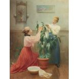 George Arthur Gaskell (act. 1871-1910) Cleaning the rubber plant Signed and dated 1910 Watercolour