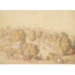 Thomas Rowlandson (1757-1827) Figures on the road approaching a country town Watercolour 21.8 x 30.