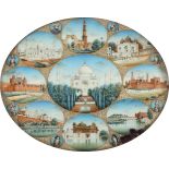 λIndian School The Taj Mahal surrounded by roundels depicting eight buildings of India and eight
