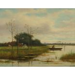 William Frederick Hulk (Dutch 1852-1922) A fisherman in his boat, cattle grazing on the bank; Cattle