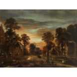 Aert van der Neer (Dutch c.1603-1677) Sunset over a riverside village Signed with monogram Oil on