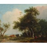 Edward Charles Williams (1807-1881) Landscape with figures around a fire, their cattle nearby;