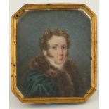 λContinental School Early 19th Century Portrait miniature of a gentleman, wearing a fur-lined