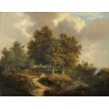 Edward Charles Williams (1807-1881) Wooded landscape with travellers on a path by a pond Signed