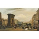 French School 19th Century Figures below the Porte Saint-Denis, Paris Oil on panel 11.9 x 21.1cm; 4Ύ