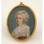 λEnglish School 19th Century Portrait miniature of a lady, wearing red dress, lace shawl and