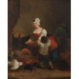 English School 19th Century A mother and child feeding chickens and a donkey in a stable Oil on