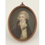 λEnglish School c.1780 Portrait miniature of a gentleman, in a fur-lined coat, white waistcoat and
