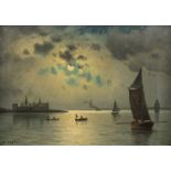 Danish School Late 19th Century Kronborg Castle by moonlight Signed with initials SH and bears a