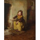 Howard Helmick (American 1845-1907) Girl by the fire Signed and dated 74 Oil on canvas 49 x 40cm;