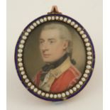 λEnglish School Late 18th Century Portrait miniature of an officer, in red uniform, hair en queue