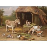 ‡ Edgar Hunt (1876-1953) Donkeys and goats outside a barn Signed and dated 1924 Oil on canvas 56.5 x