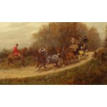 George Wright (1860-1942) A stagecoach passing a hunter Signed Oil on canvas 20.5 x 36cm; 8 x