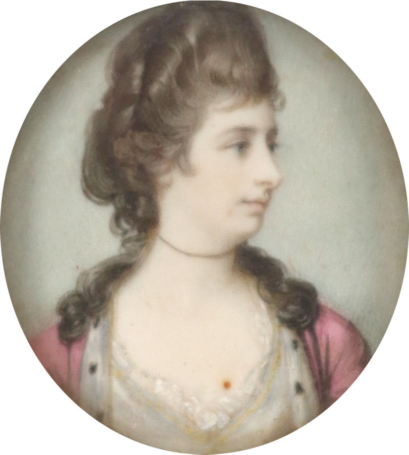 λAttributed to Samuel Cotes (1734-1818) Portrait miniature of a lady, wearing a white dress with