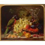 William Duffield (1816-1863) Still life with fruit in a basket, parrot and claret jug on a stone