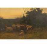 Alfred Banner (act 1880-1915) Sheep in a landscape at dusk Signed and dated 1882 Oil on board 20.2 x