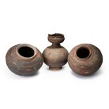 Three Nupe pots Nigeria pottery, including a double gourd pitcher with incised linear and