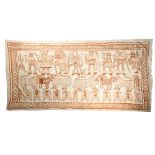 A Senufo cotton cloth Ivory Coast with fourteen strips, painted masked dancers, animals and birds,