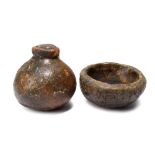 A Fiji oil vessel Melanesia pottery with incised decoration, 8.2cm high, and a similar pottery bowl,