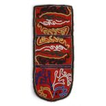 A Tlingit pouch Northwest Coast cloth and coloured glass beads, with three panels of outline foliage