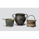 Three Roman bronze vessels circa 1st - 3rd century AD including a situla with one remaining