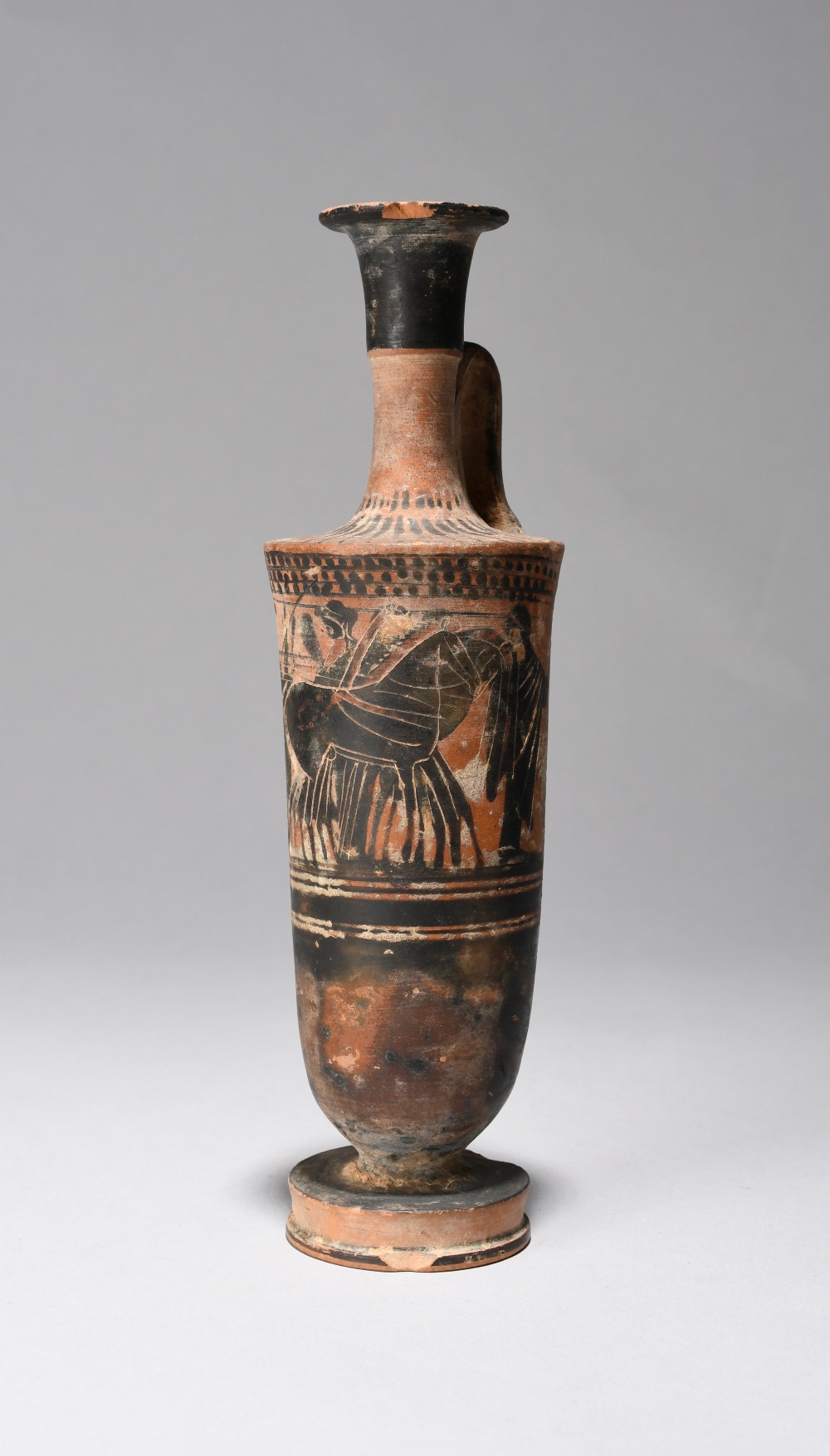 An Attic black figure lekythos circa 6th century BC depicting a quadriga scene, with two - Image 3 of 3