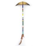 A Plains dance wand with two horns formed as a crescent with coloured glass beaded wood shaft and