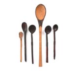 Six Zulu spoons South Africa two with amasumpa carved bands to the handles and one with a
