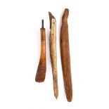Three Inuit implements Alaska Including a wood scraper, with a caribou antler handle with fine