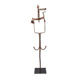 A Bambara iron staff Mali with an equestrian pivoting figure and a bell, 82cm high, on a later