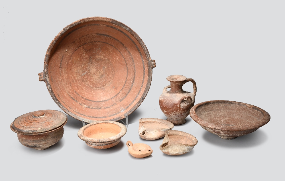 Seven Cypriot pottery vessels circa 7th - 3rd century BC including a two handled bowl with