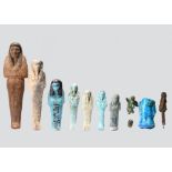 Seven Egyptian shabtis New Kingdom - Late Period, circa 1500 - 332 BC and later including a wood