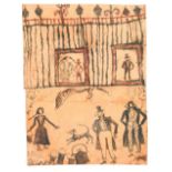 19th century American Naive School Figures in a circus tent and two male figures smoking pipes and a