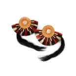 A pair of Naga ear ornaments Nagaland natural and dyed cane and animal hair, 10.5cm wide. (2)