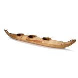 An Inuit model kayak for three hunters Pacific, Alaska wood with sealskin and an oar, with typed