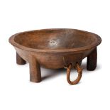 A Fiji kava bowl Melanesia the lug handle pierced and with a sennit loop, 19cm high, 52.2cm