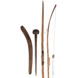 A Shilluk club South Sudan with copper mounts, 64cm long, an Australian Aboriginal boomerang, with a