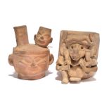 A Maya zoomorphic vessel Mexico pottery, the cylinder body with an applied seated animal deity,