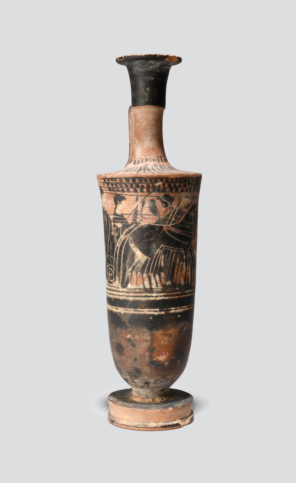 An Attic black figure lekythos circa 6th century BC depicting a quadriga scene, with two