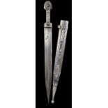 A fine Caucasian dagger (kindjal), stout blade 17 in., with long point and eccentric fullers; hilt