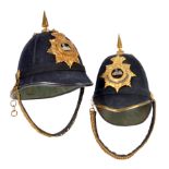 The Gloucestershire Regiment: two blue cloth Home Service helmets, gilt brass top spikes and chin