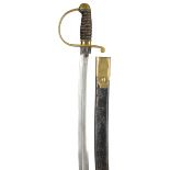 A 19th century constabulary pattern hanger, stout slightly curved blade 22 in., brass stirrup hilt