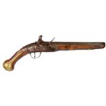 A 19th century flintlock pistol, barrel 9 in., lock with punched decoration and swan necked cock,