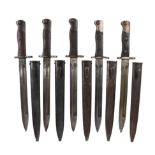 Five Siamese (Thai) Type 45 Mauser bayonets (model of 1903), blades 9 3/4 in. with designation in