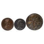 Three large bronze portrait medals: William Shakespeare, by Maurice Debus, 167 mm, rev. Lady