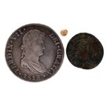 India: gold fanam, 4.9 mm, .37 g, very fine; Mexico: Ferdinand VII, silver eight reales 1815 (KM