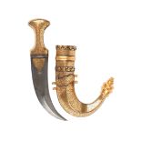 A Yemeni dagger (assib jambiya), watered steel blade 7.75 in., flat sides giving way to a medial