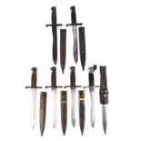 Six Spanish model 1941 bayonets, heavy bolo type blades, various grip materials, steel scabbards (