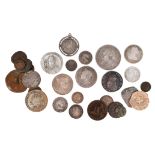 A quantity of world coins and exonumia, including three Spanish commemorative medals or tokens for