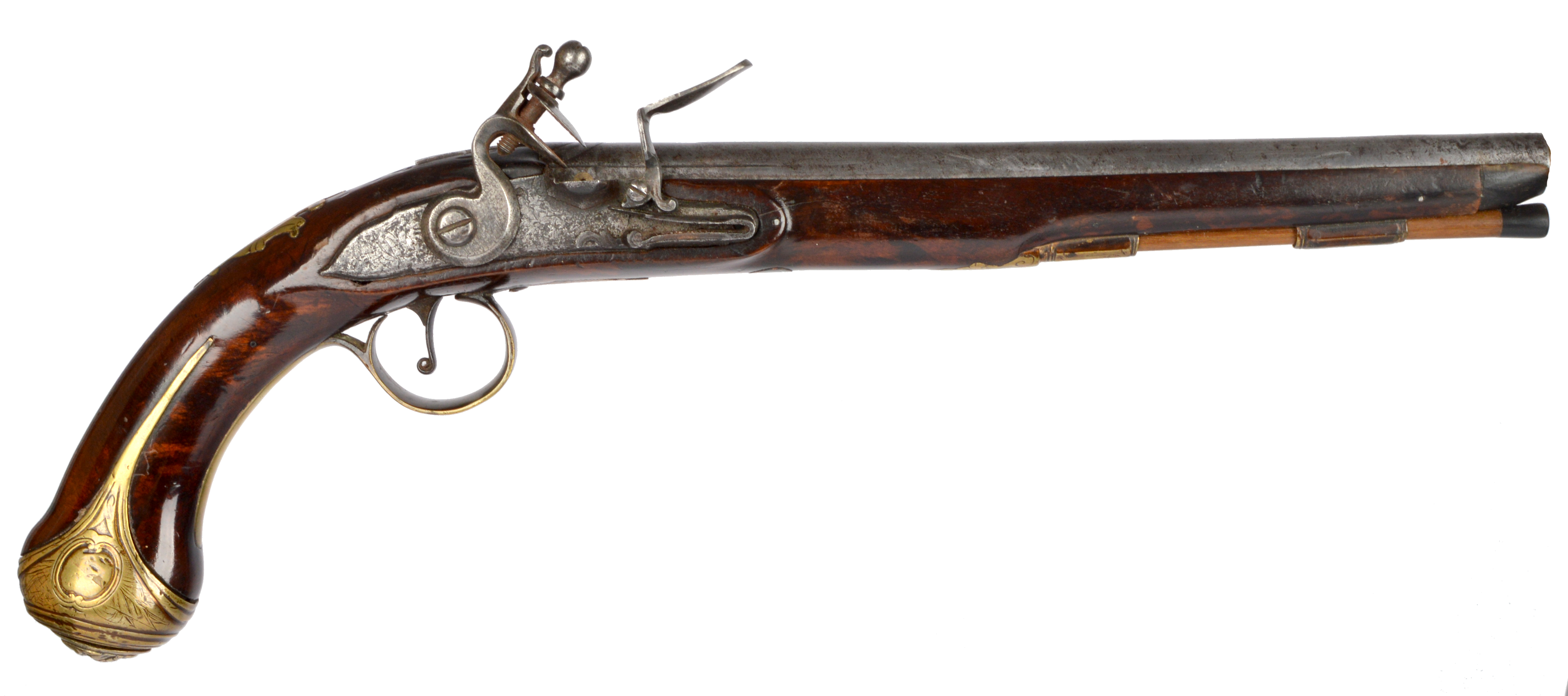 A 19th century flintlock pistol, 24 bore barrel 12 in., lock plate with stepped profile and engraved